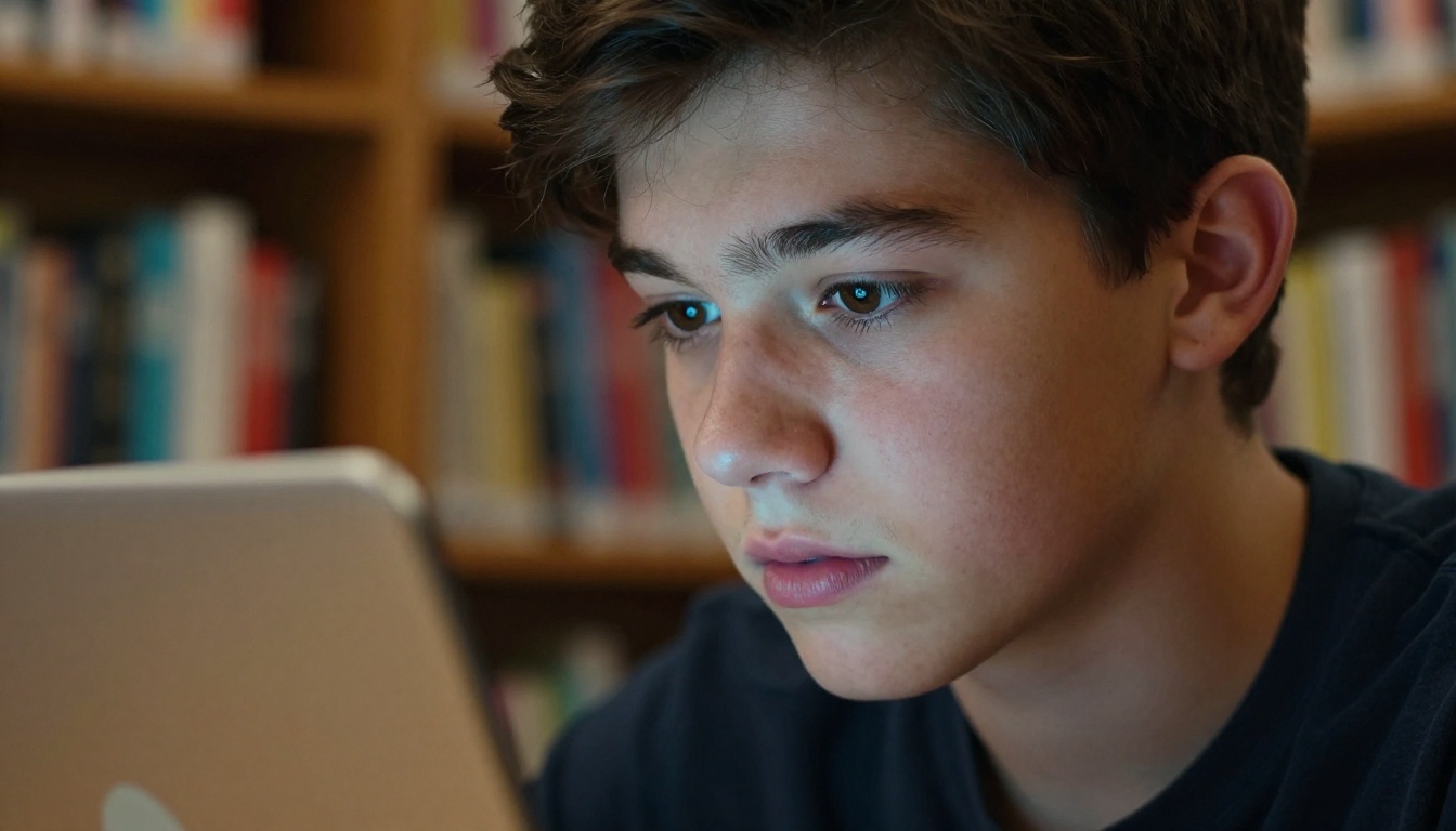 Student reading educational content illuminated by laptop screen in a school library Student reading educational content illuminated by laptop screen in a school library