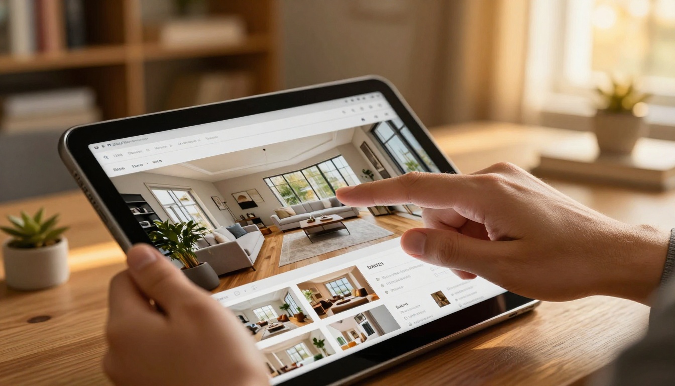 Real estate agent's hand swiping through a digital property listing on a premium tablet