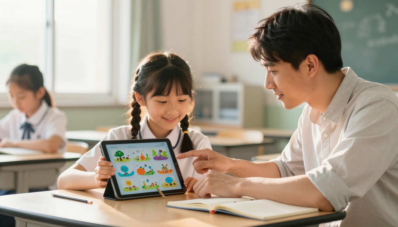 Teacher and student reviewing a science flipbook on a tablet together at a classroom table Teacher and student reviewing a science flipbook on a tablet together at a classroom table