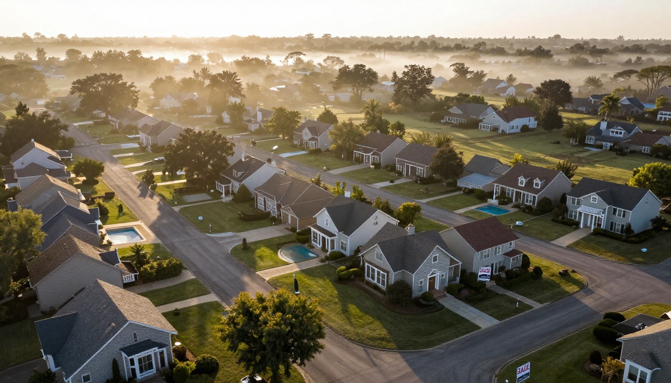 Aerial drone view of a prosperous suburban neighborhood at golden hour