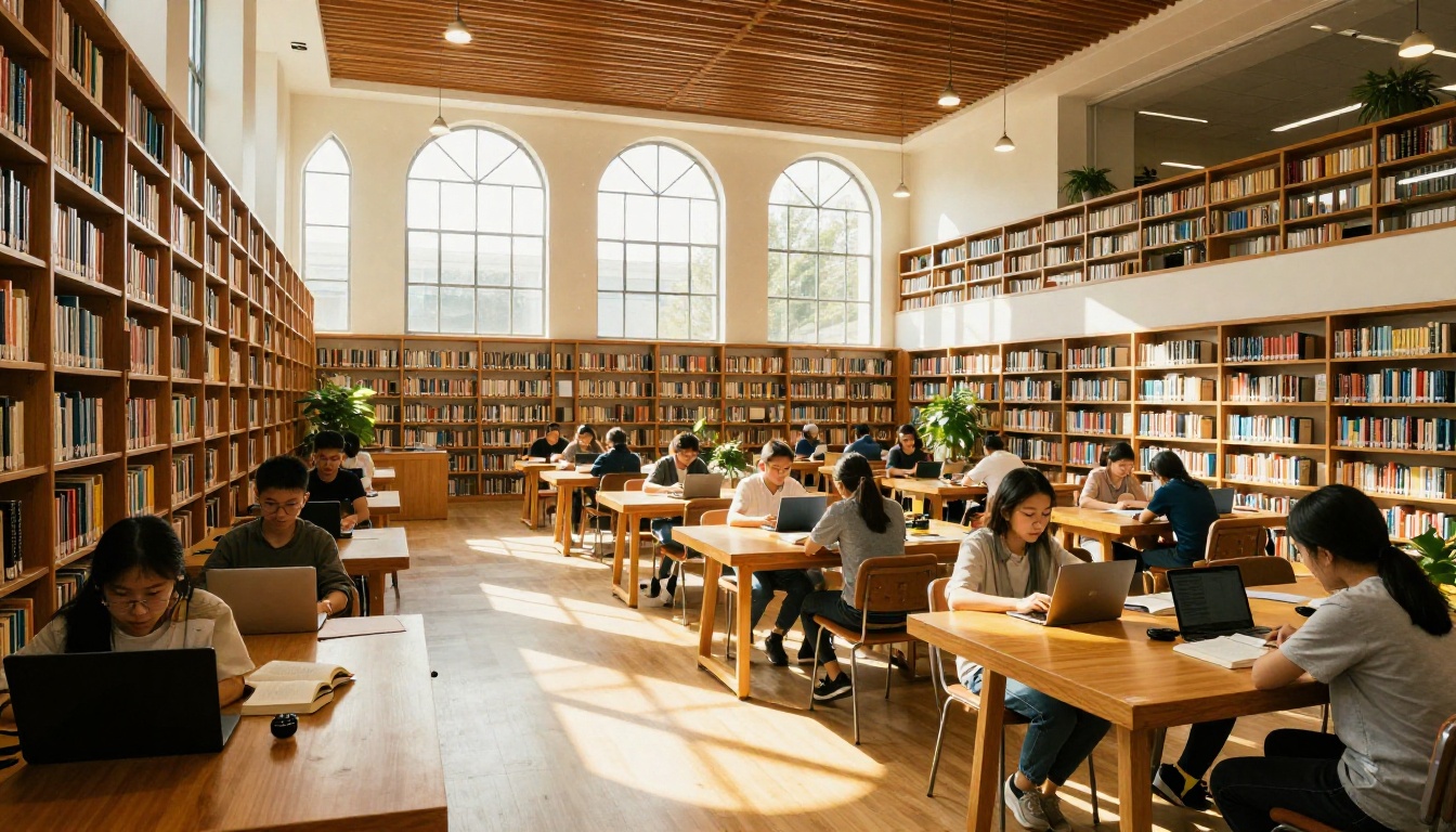Wide angle view of a modern school library with students working on laptops and tablets at long tables Wide angle view of a modern school library with students working on laptops and tablets at long tables