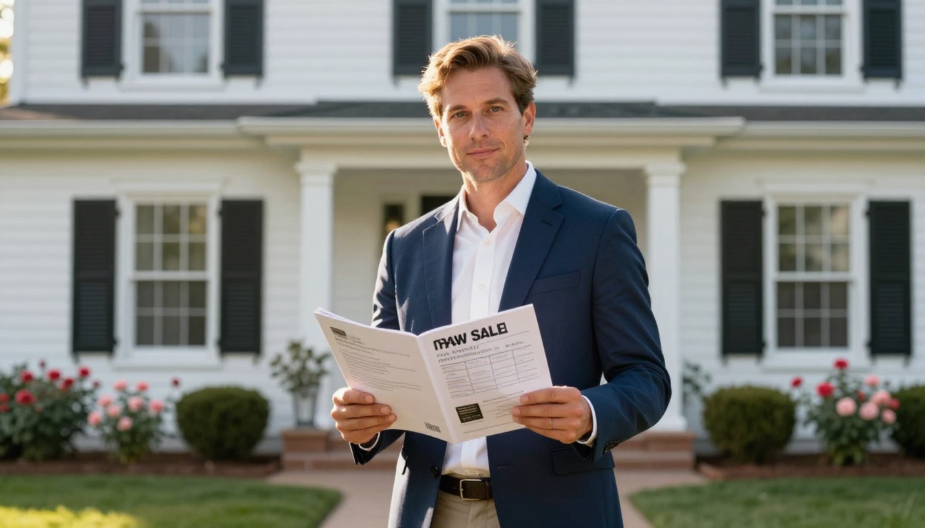 Real estate agent standing outside luxury home holding open property brochure