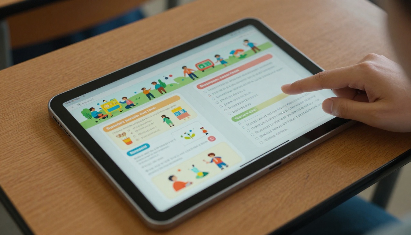 Close-up of a tablet screen showing a colorful interactive educational flipbook on a wooden school desk Close-up of a tablet screen showing a colorful interactive educational flipbook on a wooden school desk