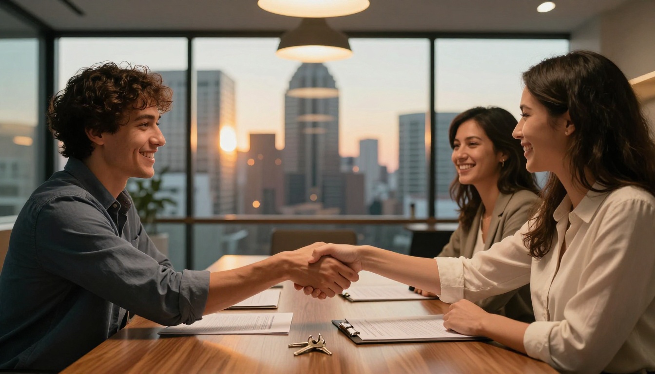 Joyful couple shaking hands with real estate agent after closing deal in modern office