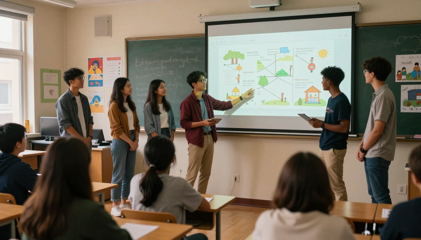 Group of diverse students presenting a digital flipbook project on a classroom projector screen Group of diverse students presenting a digital flipbook project on a classroom projector screen