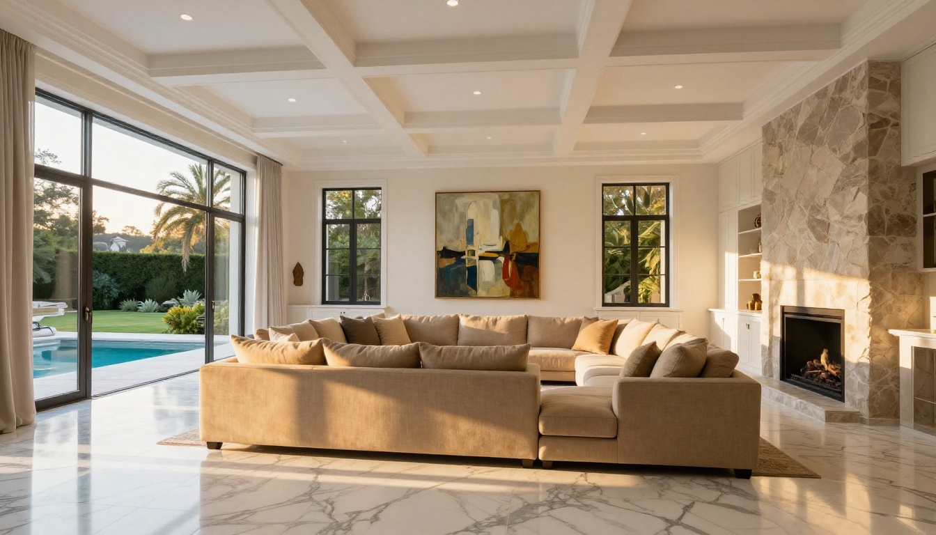 Stunning luxury home open plan living room with marble floors and floor-to-ceiling windows
