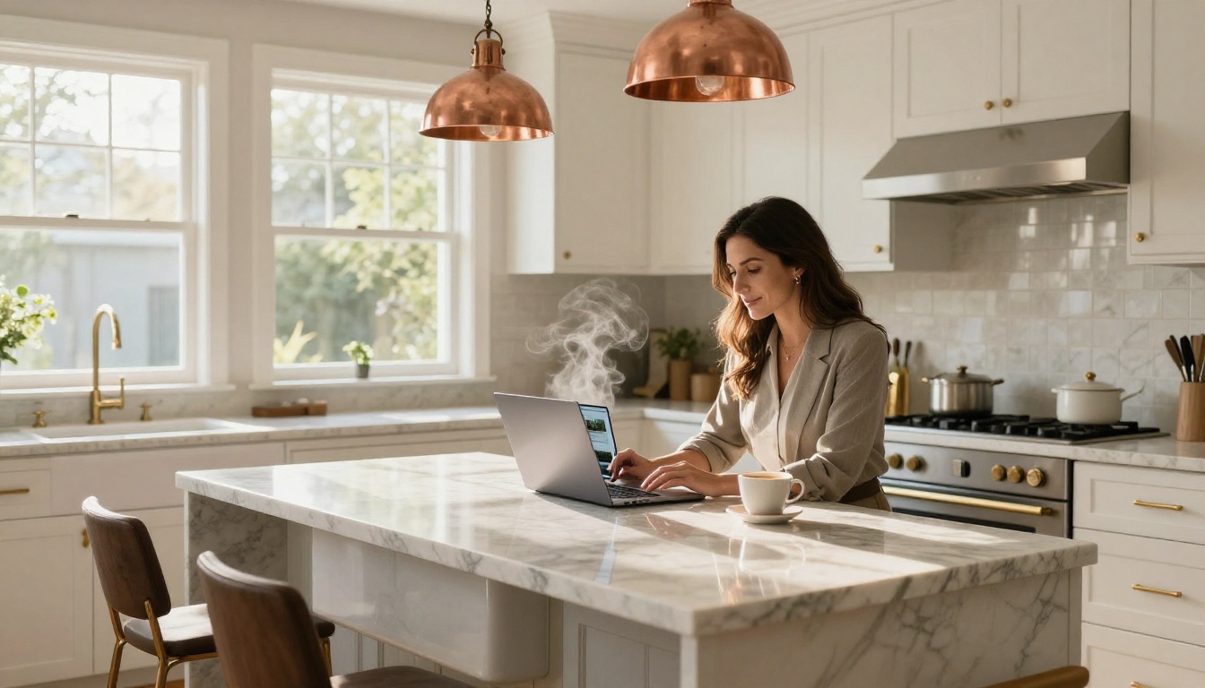 Female real estate agent working on laptop at kitchen island of staged luxury home