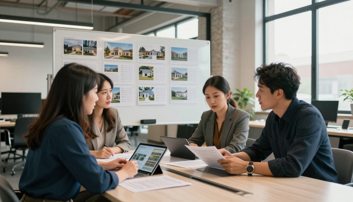 Professional real estate team reviewing property portfolios on tablets at conference table