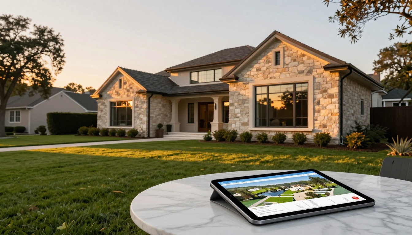 Luxury home exterior with tablet showing interactive property flipbook Luxury home exterior with tablet showing interactive property flipbook