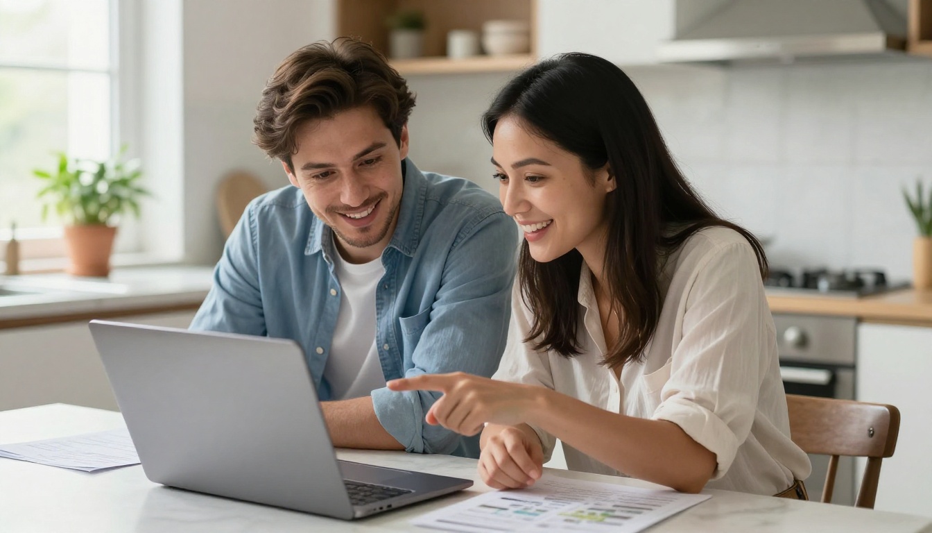 Professional couple reviewing interactive property listing flipbook on laptop at kitchen table Professional couple reviewing interactive property listing flipbook on laptop at kitchen table