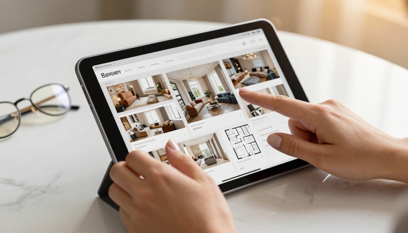 Close-up of hands scrolling through interactive property listing flipbook on tablet Close-up of hands scrolling through interactive property listing flipbook on tablet