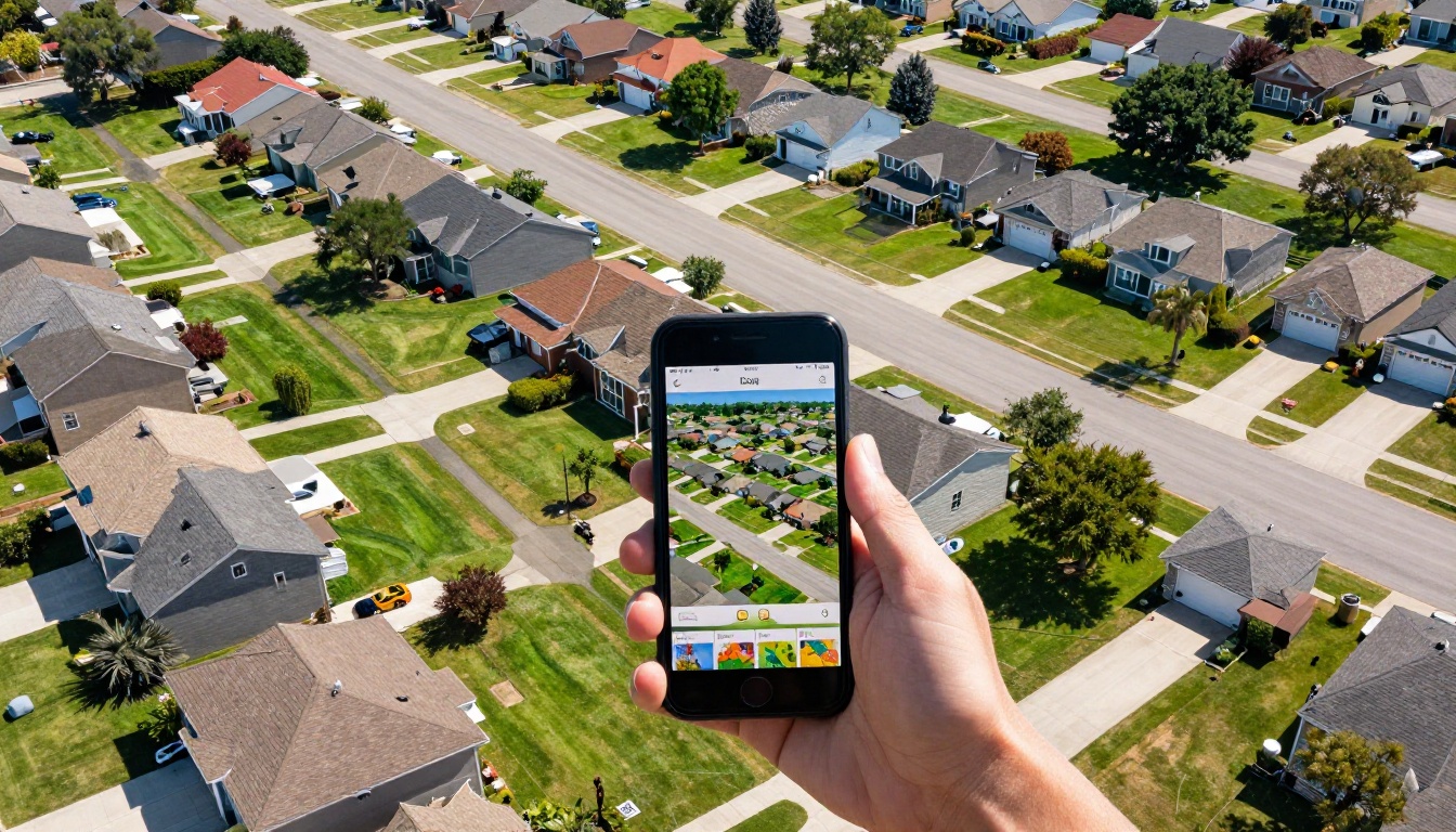 Aerial view of suburban neighborhood with smartphone showing interactive property listing Aerial view of suburban neighborhood with smartphone showing interactive property listing