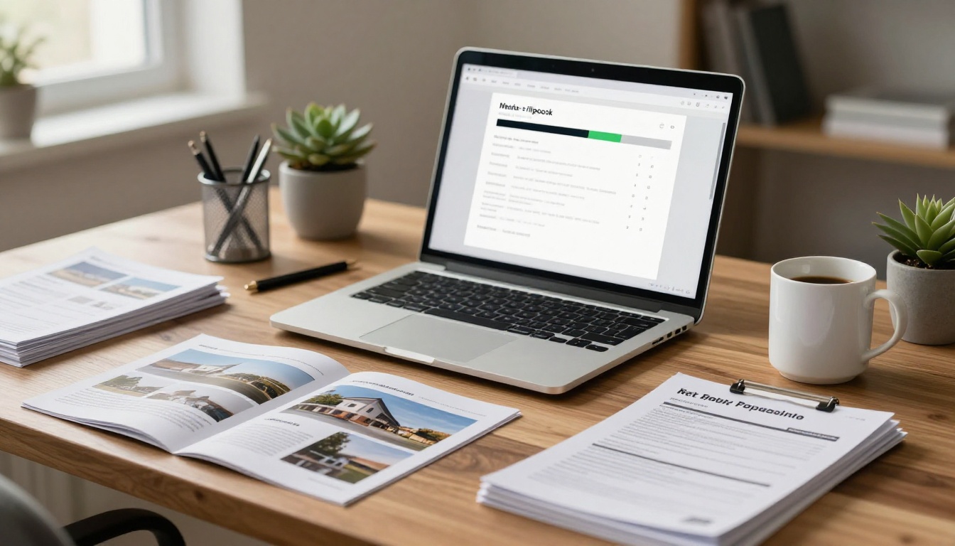 Real estate office desk with laptop showing flipbook platform and printed property materials Real estate office desk with laptop showing flipbook platform and printed property materials