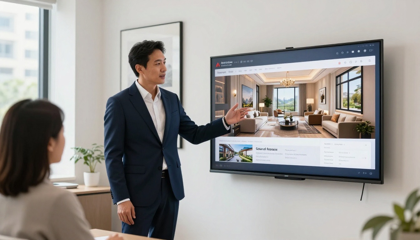 Real estate agent presenting property flipbook on display screen to client Real estate agent presenting property flipbook on display screen to client