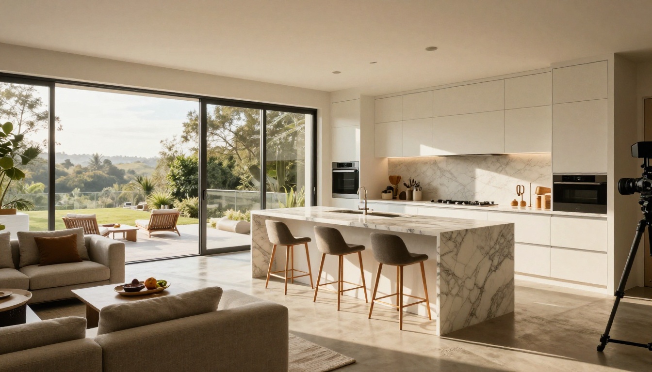 Modern open-plan kitchen and living area in luxury home listed for sale Modern open-plan kitchen and living area in luxury home listed for sale