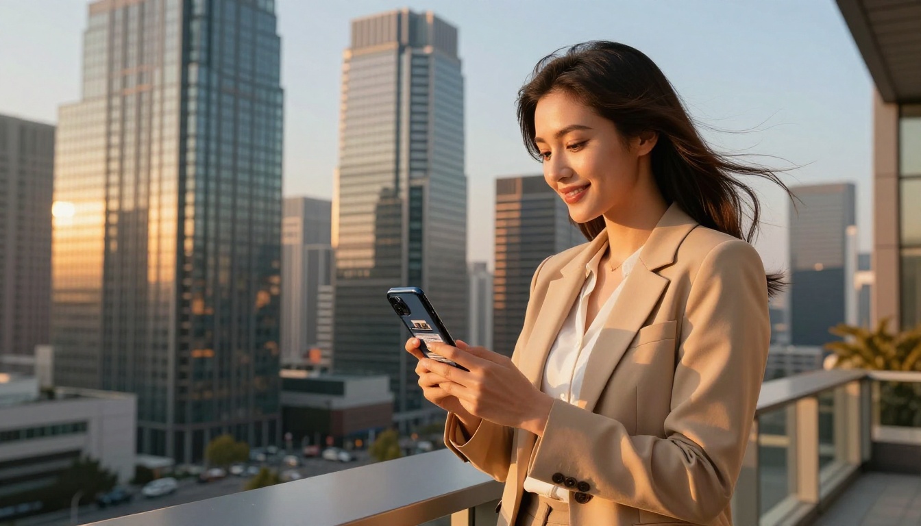 Professional woman on rooftop terrace holding smartphone with property listing flipbook and city skyline behind her Professional woman on rooftop terrace holding smartphone with property listing flipbook and city skyline behind her