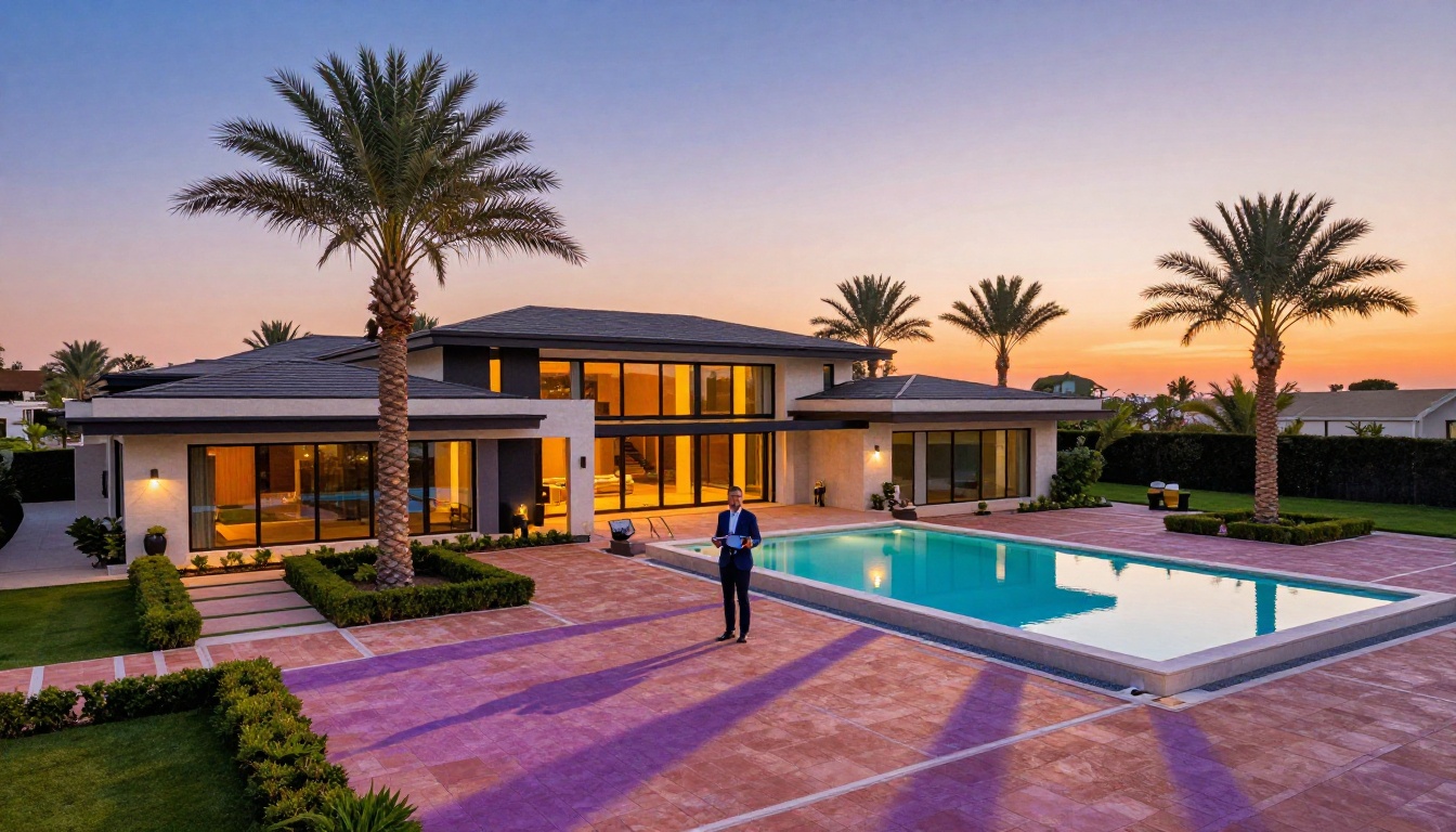 Luxury modern home exterior at golden hour with real estate agent holding property brochure