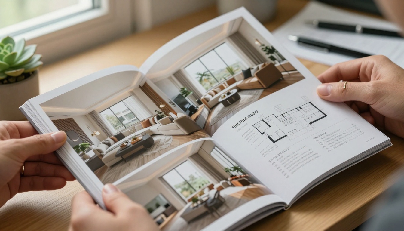 Close-up of real estate professional's hands holding open luxury property brochure with floor plans visible