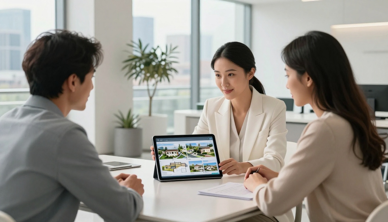Female real estate agent showing interactive property flipbook on tablet to couple in modern office