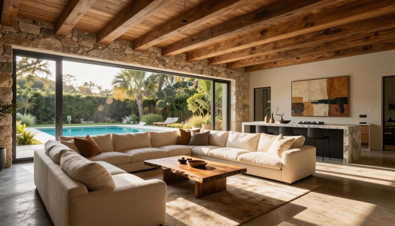 Stunning luxury home interior living room with stone fireplace and floor-to-ceiling windows