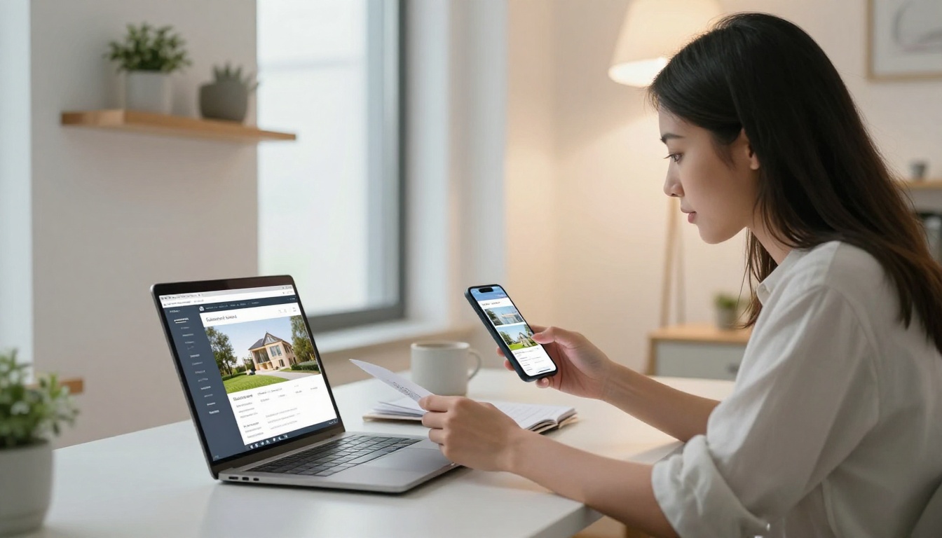 Young professional woman browsing real estate flipbook brochure on laptop and smartphone at home desk