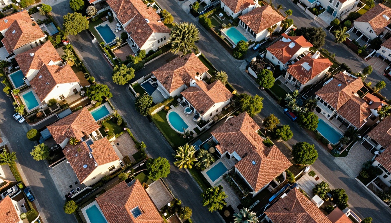 Aerial drone view of upscale Mediterranean residential neighborhood with pools and terracotta rooftops
