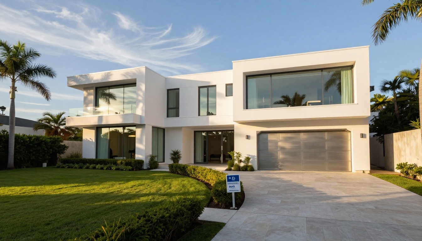 Stunning modern white luxury villa exterior with manicured lawn, curved pale stone driveway, glass facade, and for-sale sign under late afternoon golden sunlight