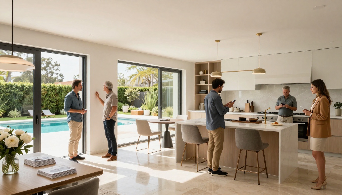 Open house event inside contemporary home with agent and prospective buyers