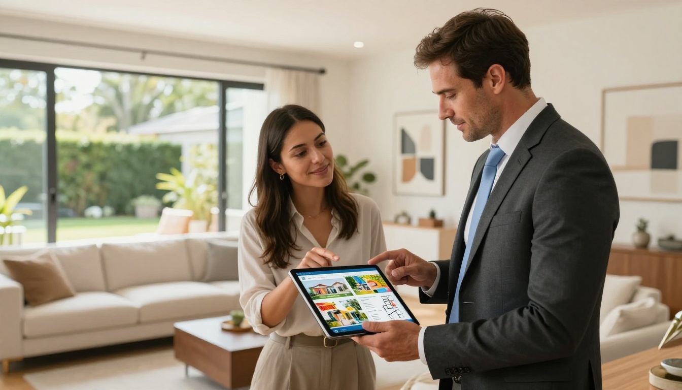 Agent showing digital flipbook presentation on tablet to interested couple at modern home showing