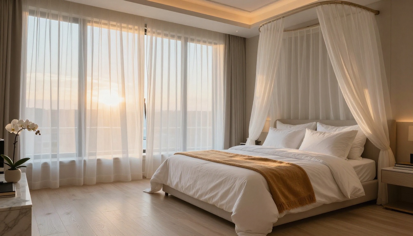 Luxury master bedroom at dawn with sheer curtains backlit by early sunrise and impeccably made bed