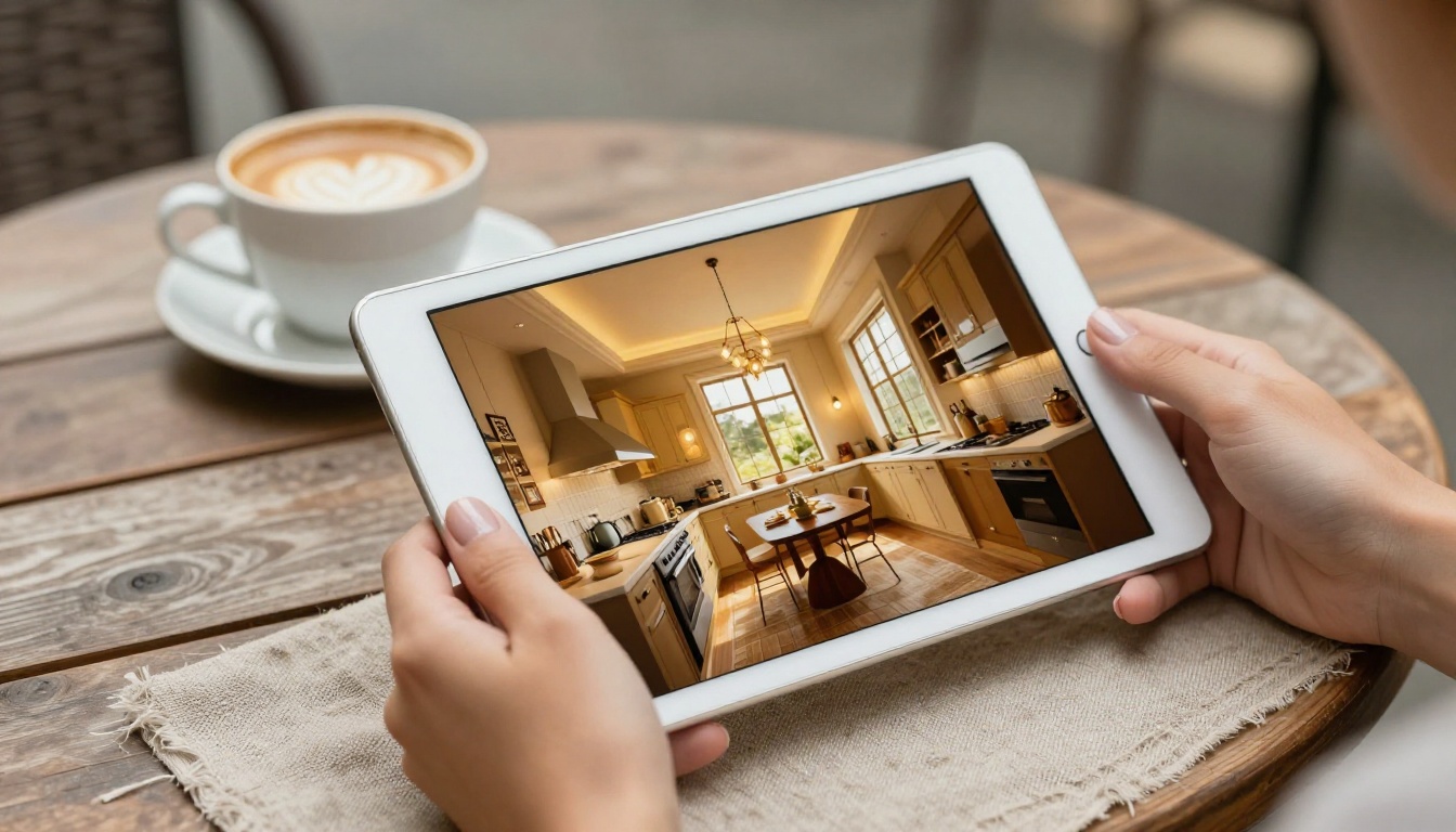 Close-up of manicured hands holding a tablet displaying a property flipbook with page-turn animation mid-flip, cafe table background in soft bokeh