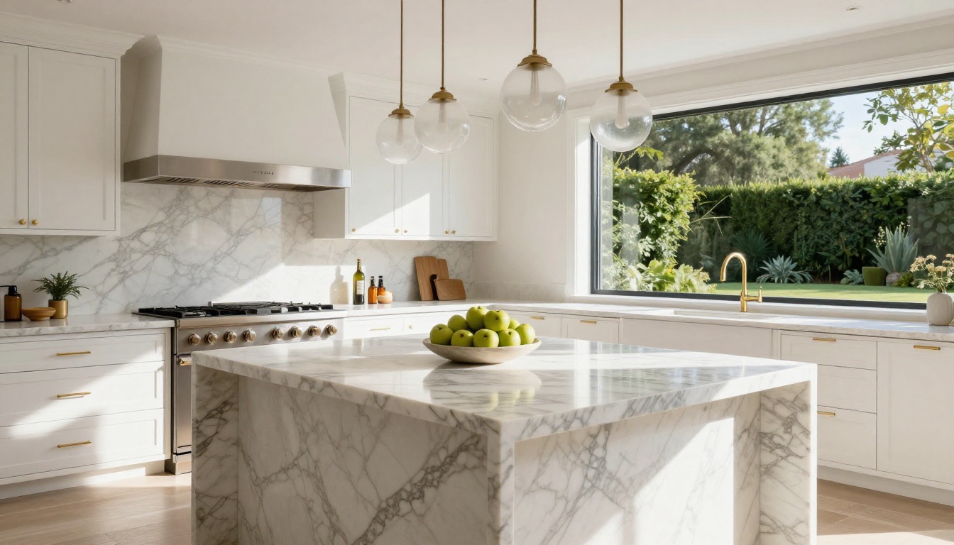 Stunning luxury open-plan kitchen with Calacatta marble island, white lacquered cabinetry, brushed gold hardware, smoked glass pendants, and morning sunlight streaming from garden window