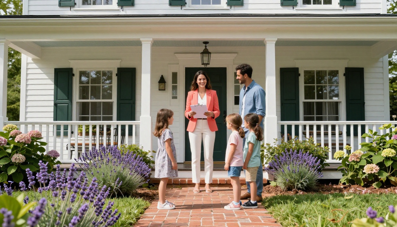 Cheerful female real estate agent in coral blazer warmly welcoming a young family at the entrance of a colonial-style suburban home on a bright spring day, brick pathway lined with lavender