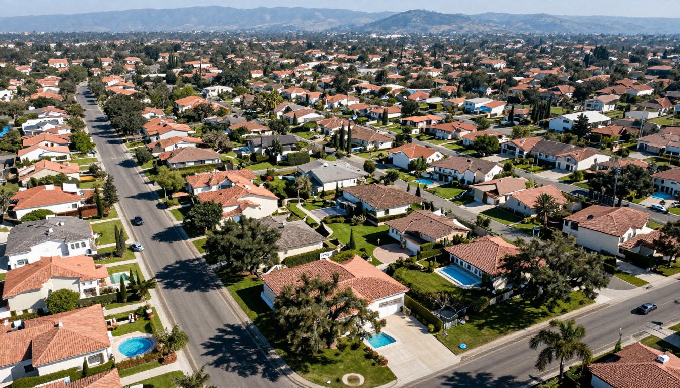 Sweeping aerial drone photograph of an affluent suburban residential neighborhood with pools, tree-lined curved streets, and manicured lawns under afternoon sunlight