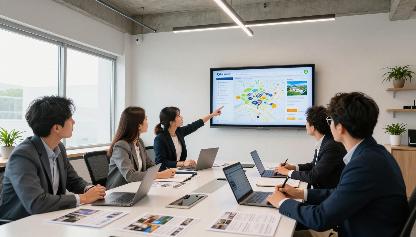 Four real estate professionals gathered around a modern conference table with laptops, printed brochures, and a tablet showing a flipbook presentation in a bright office with concrete ceiling