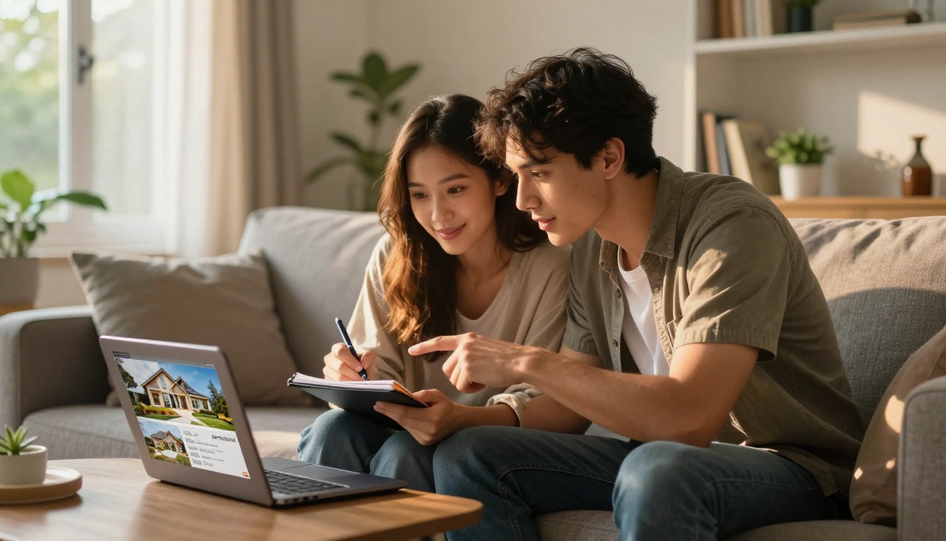 Young couple reviewing a real estate listing flipbook on a laptop together on a gray linen sofa in their warm sunlit living room, woman writing notes
