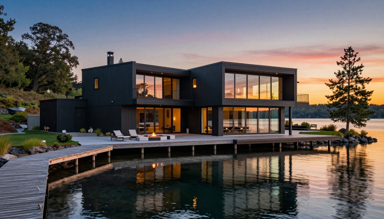 Breathtaking exterior of a contemporary waterfront luxury home with dark charcoal cladding, floor-to-ceiling glass panels, wraparound deck over the calm lake, golden hour sky mirrored in the water