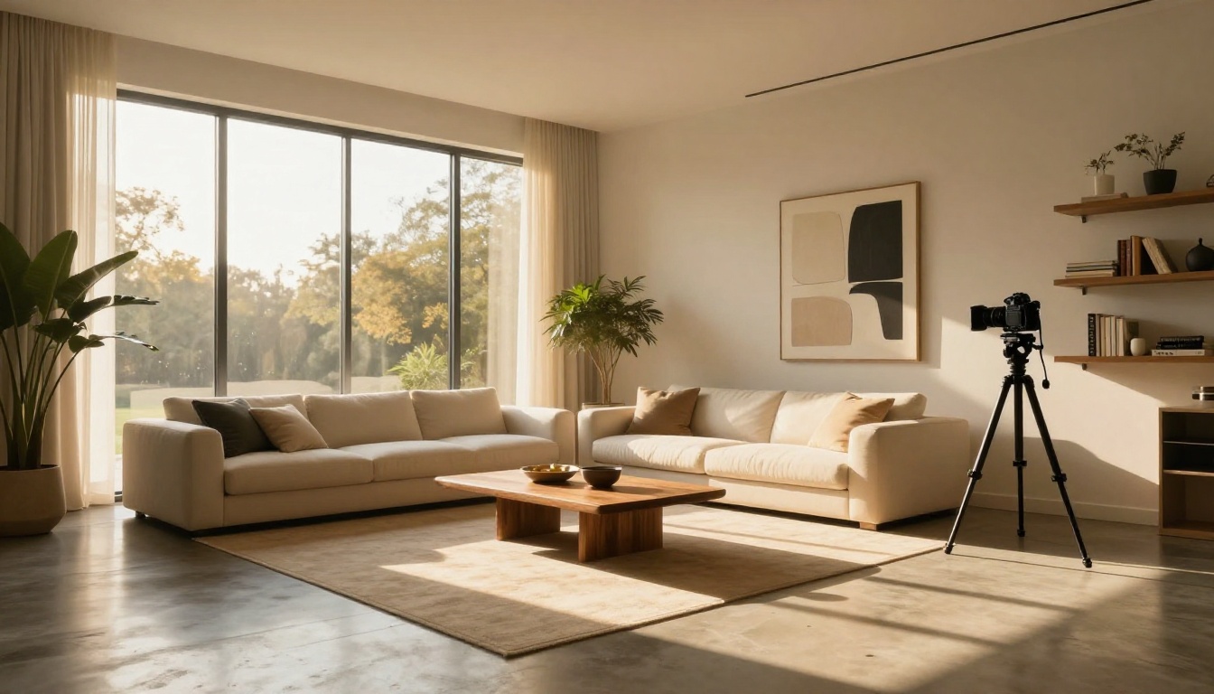 Luxury modern living room staged for real estate photography with golden afternoon light streaming through floor-to-ceiling windows Luxury modern living room staged for real estate photography with golden afternoon light streaming through floor-to-ceiling windows