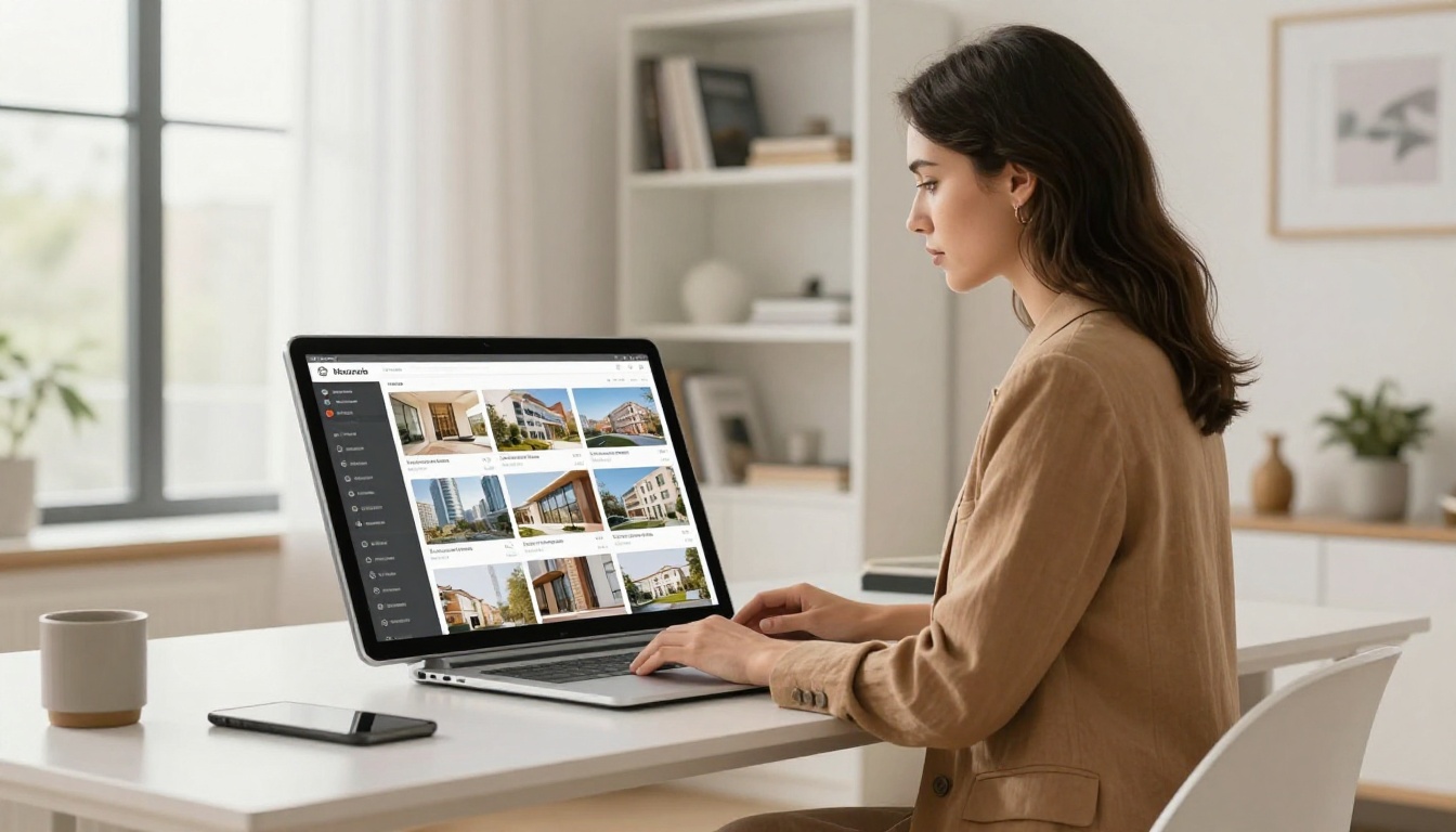Woman standing at bright home office desk scrolling through interactive digital property flipbook on tablet Woman standing at bright home office desk scrolling through interactive digital property flipbook on tablet