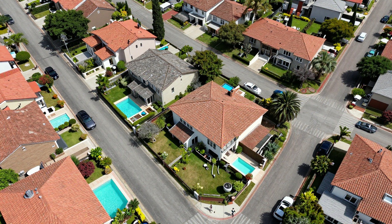 Aerial drone shot looking straight down at residential neighborhood with pools, terracotta rooftops, and tree-lined streets in midday sunlight Aerial drone shot looking straight down at residential neighborhood with pools, terracotta rooftops, and tree-lined streets in midday sunlight