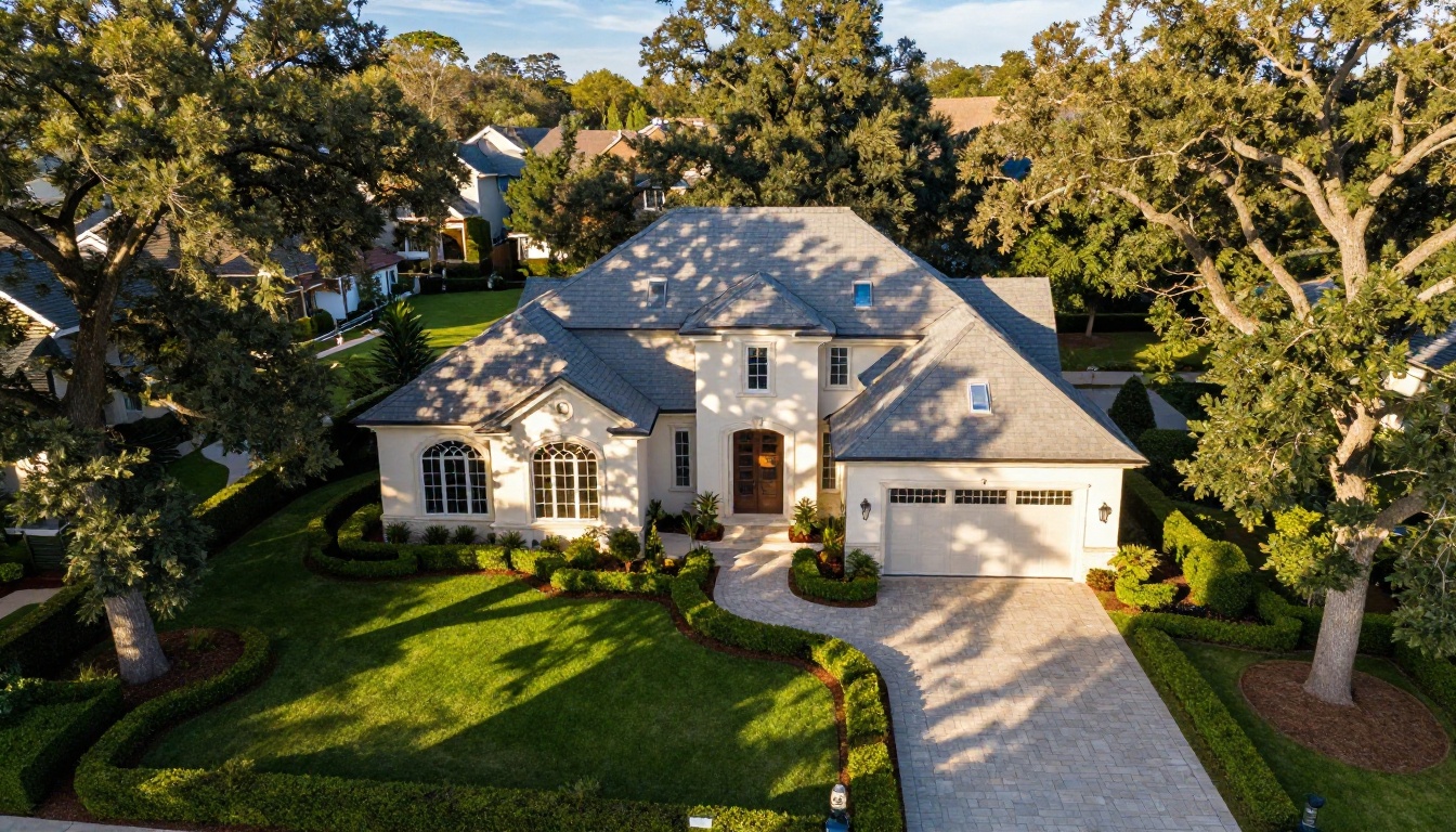 Aerial view of a luxury suburban home with manicured front lawn, curved stone driveway, and oak trees casting dappled shadows Aerial view of a luxury suburban home with manicured front lawn, curved stone driveway, and oak trees casting dappled shadows