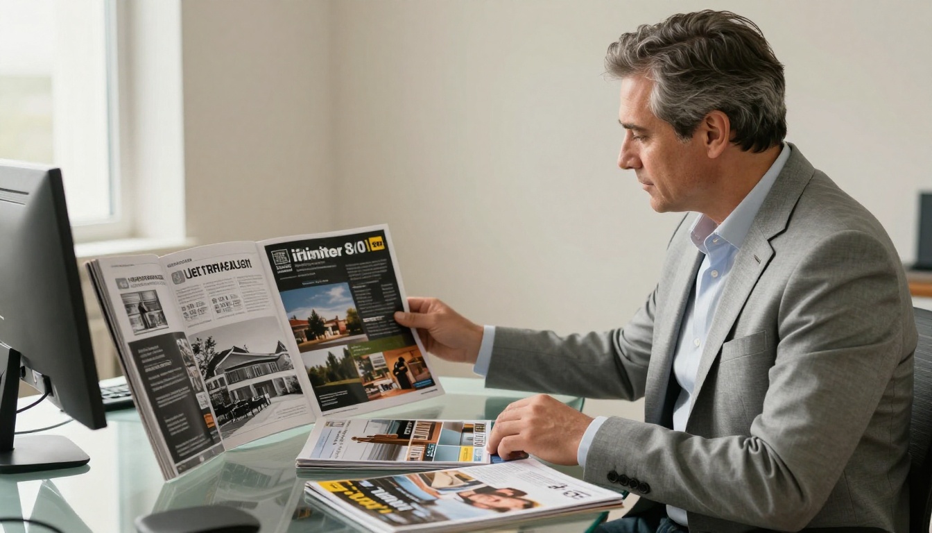 Real estate agent comparing premium glossy property catalog versus basic printout at glass desk Real estate agent comparing premium glossy property catalog versus basic printout at glass desk