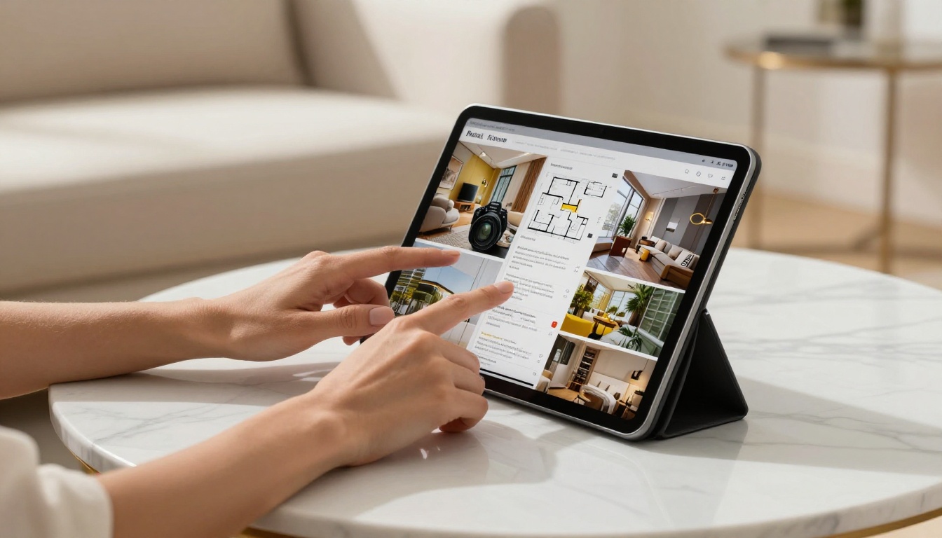 Close-up of female hands scrolling through a digital real estate brochure on an iPad resting on a white marble coffee table Close-up of female hands scrolling through a digital real estate brochure on an iPad resting on a white marble coffee table