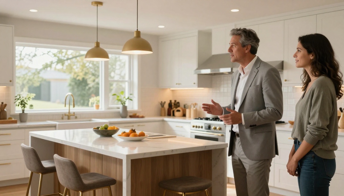 A real estate agent gesturing toward premium kitchen fixtures while a young couple listens attentively during an open house showing A real estate agent gesturing toward premium kitchen fixtures while a young couple listens attentively during an open house showing