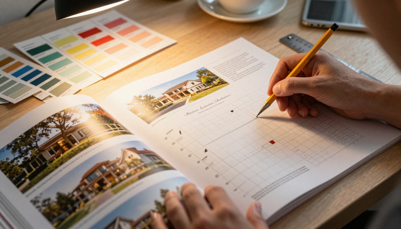 Close-up of designer laying out real estate catalog pages on light table with color swatches and pencil markings Close-up of designer laying out real estate catalog pages on light table with color swatches and pencil markings