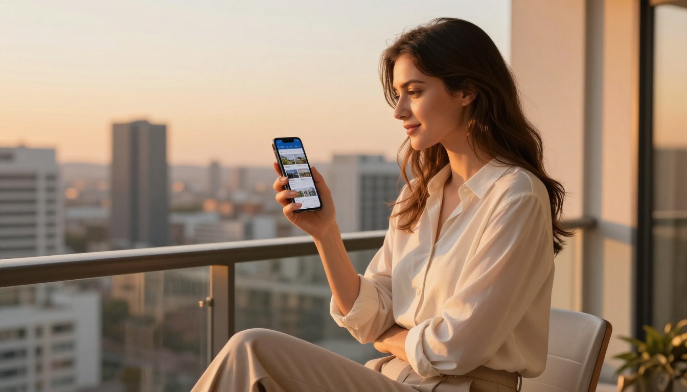 Young woman on apartment balcony at golden hour casually browsing property flipbook catalog on smartphone Young woman on apartment balcony at golden hour casually browsing property flipbook catalog on smartphone