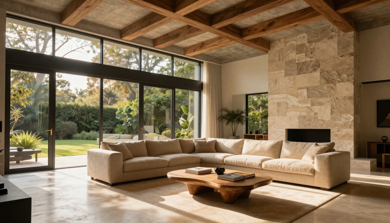 Low-angle architectural shot of a breathtaking double-height living room with floor-to-ceiling glass walls, stone fireplace, and morning golden light Low-angle architectural shot of a breathtaking double-height living room with floor-to-ceiling glass walls, stone fireplace, and morning golden light