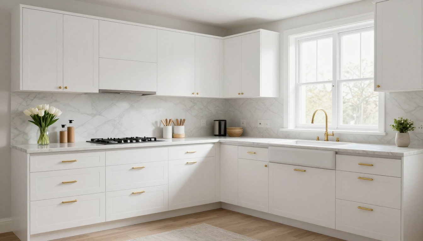 Interior shot of pristine luxury kitchen with marble countertops and brass hardware staged for property photography Interior shot of pristine luxury kitchen with marble countertops and brass hardware staged for property photography