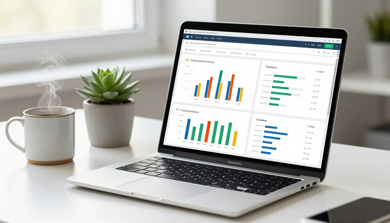 Laptop on a minimalist white desk displaying a real estate analytics dashboard with visitor heat maps, bar charts, and engagement metrics Laptop on a minimalist white desk displaying a real estate analytics dashboard with visitor heat maps, bar charts, and engagement metrics