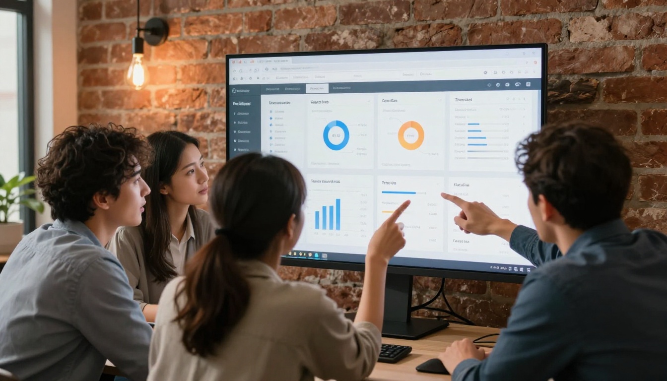 Real estate team of three agents reviewing catalog analytics on large office monitor with warm brick wall background Real estate team of three agents reviewing catalog analytics on large office monitor with warm brick wall background